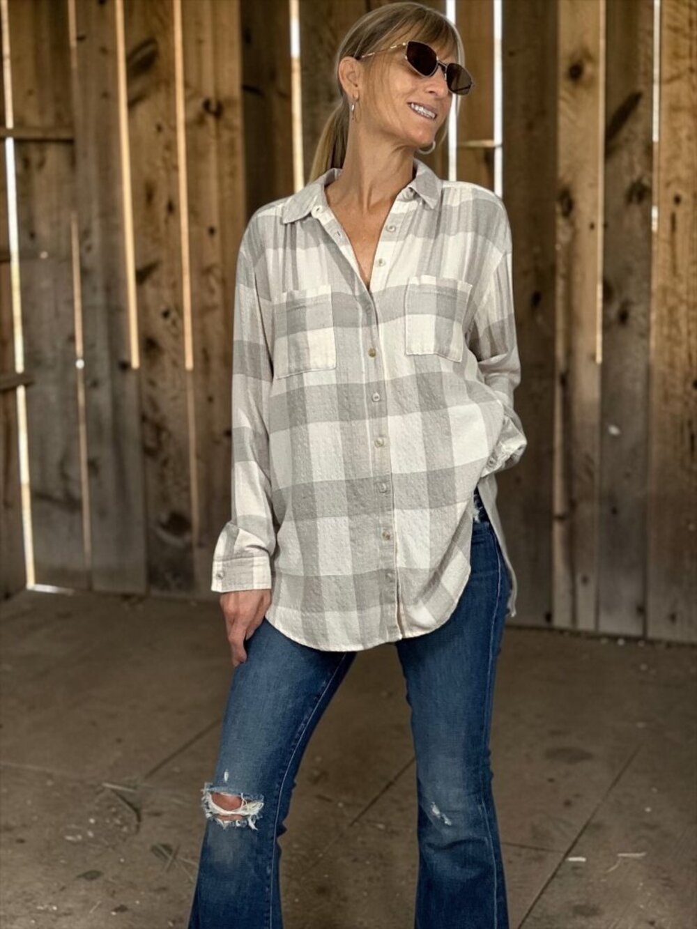 Anthropologie Pilcro Gauze Buttondown Shirt S Beige Plaid Oversized